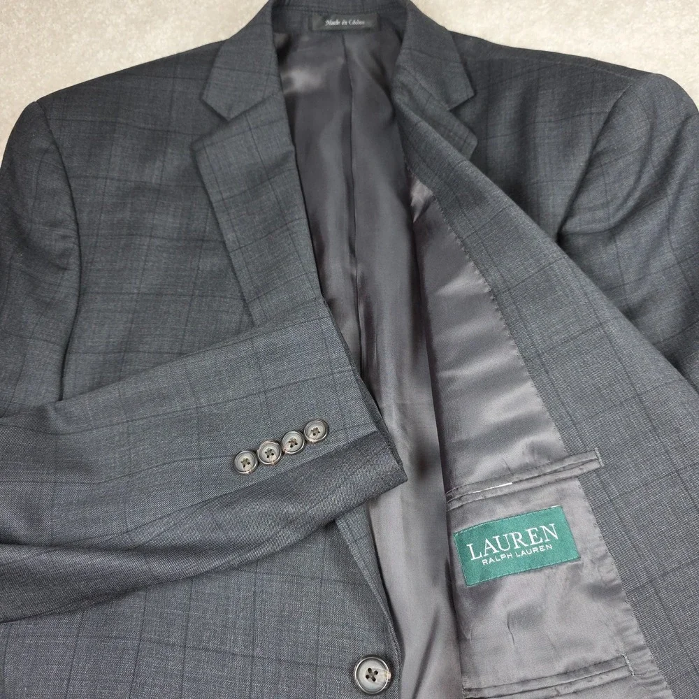 Lauren Ralph Lauren Blazer Mens 42R Grey Windowpane 100% Wool Sport Coat 2-Buttn